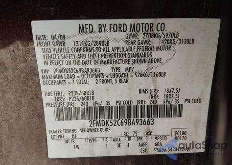 2009 Ford Flex Sel z USA, uszkodzony, nr VIN 2FMDK52C69BA93663